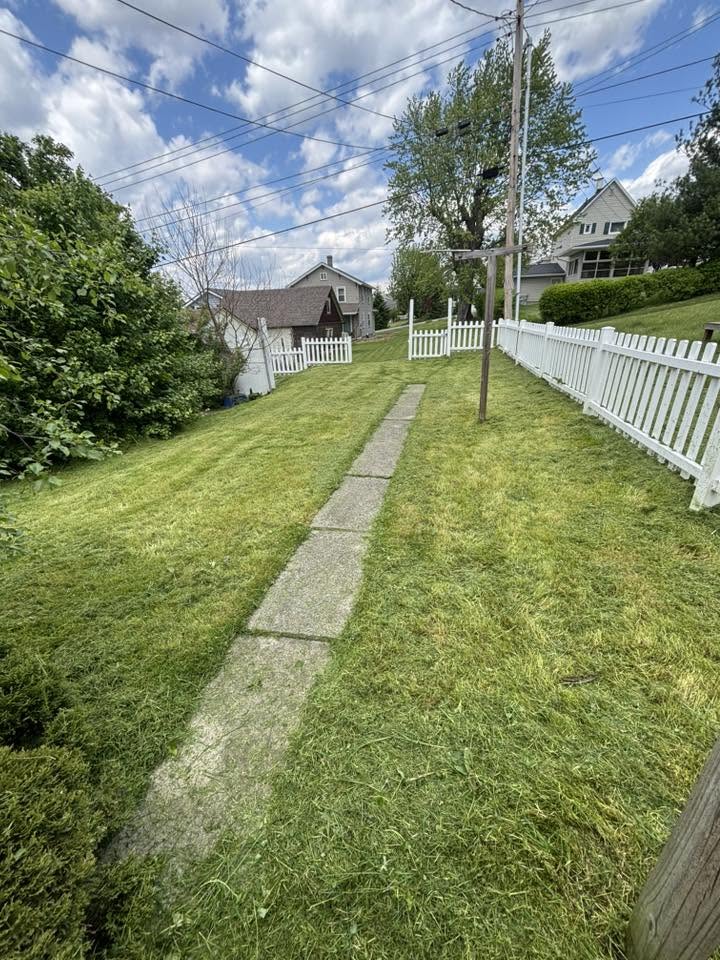 Person mowing the grass with a lawn mower on a sunny day