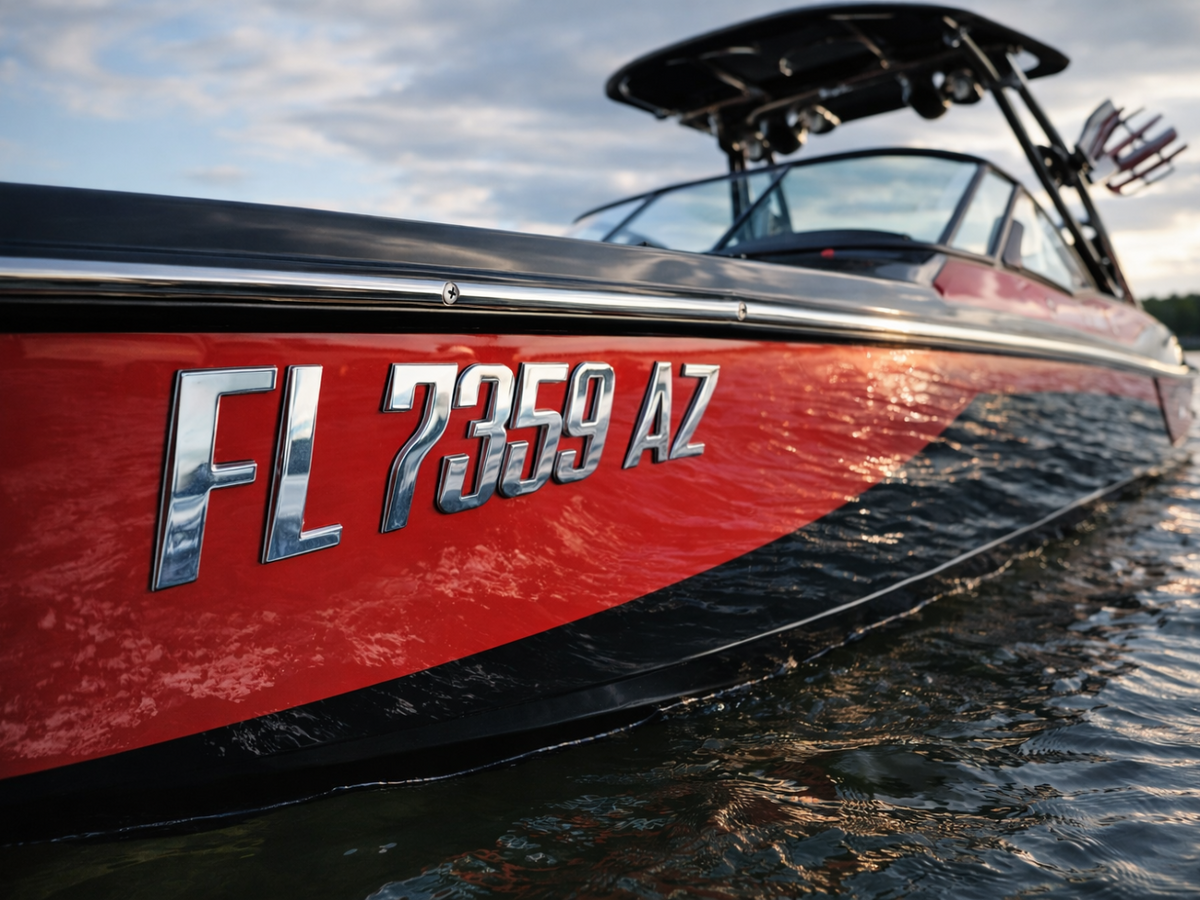 Marine vessel bow showing hull identification number marking placement