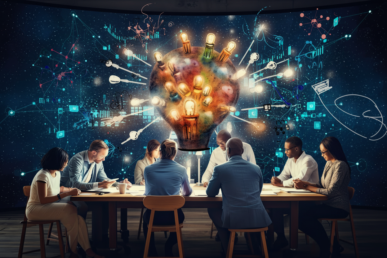 A marketing team brainstorming around a table.