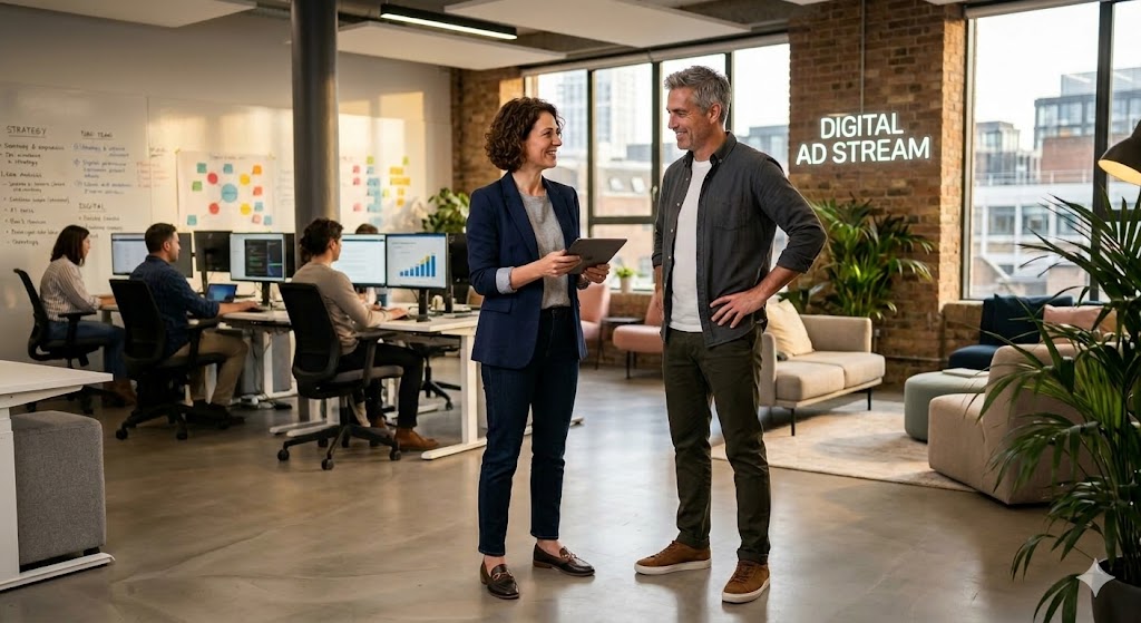 Digital Ad Stream team collaborating in the office — a woman in a dark blazer holding a tablet and a man in a grey shirt smile together in a modern open-plan workspace with a neon Digital Ad Stream sign on an exposed brick wall