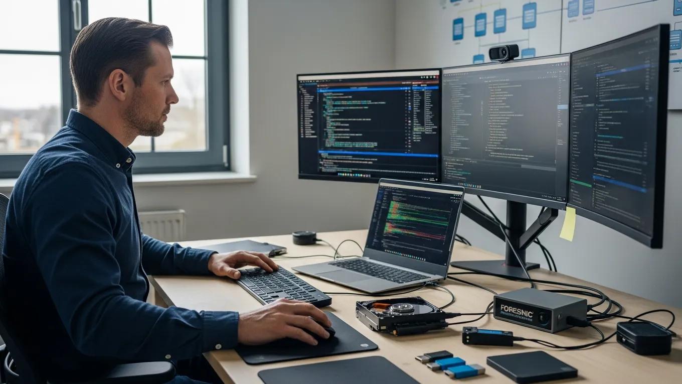Digital forensic investigator analyzing data in a modern office setting