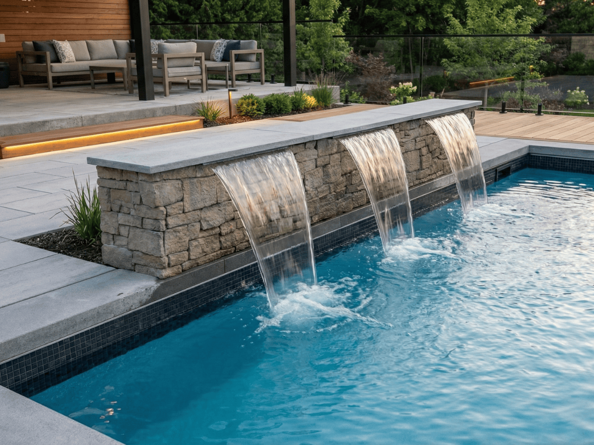 Custom pool with waterfall and slide feature