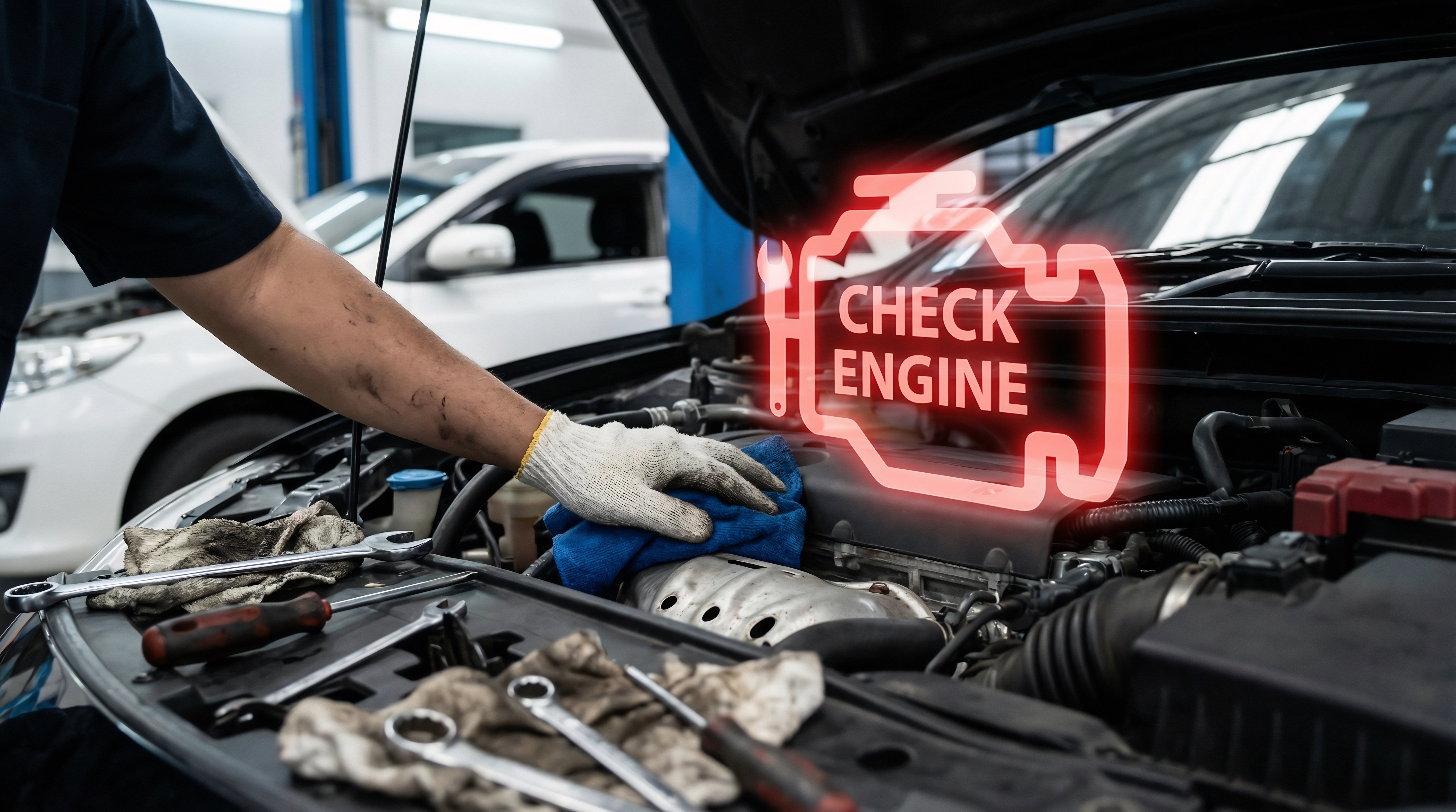 Car in garage for engine diagnostics