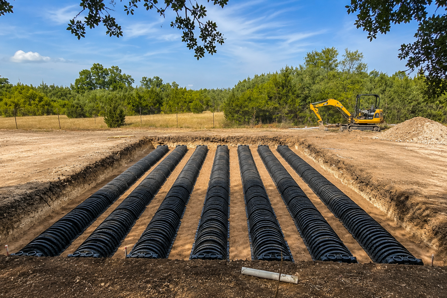 Excavated site for septic system installation featuring rows of black septic tanks, surrounded by natural landscape and construction equipment.