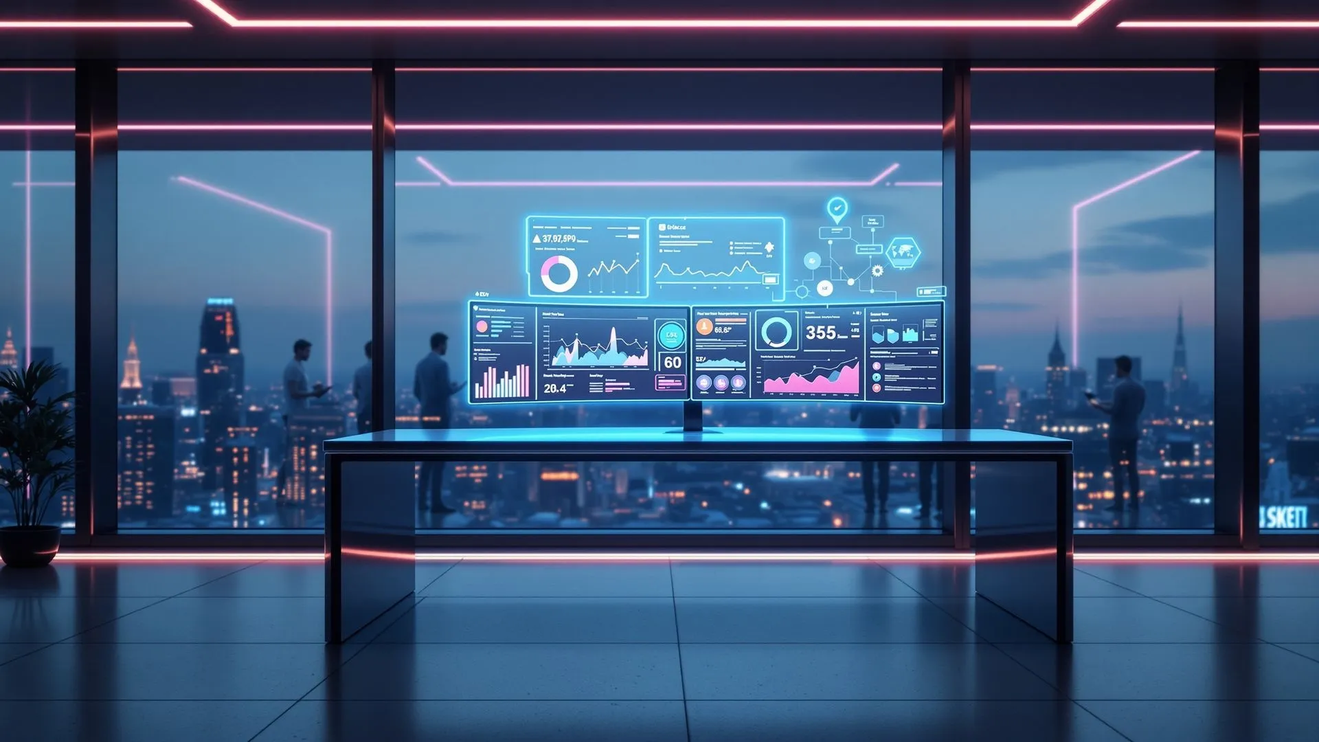 Futuristic office with digital dashboards and city skyline at dusk.