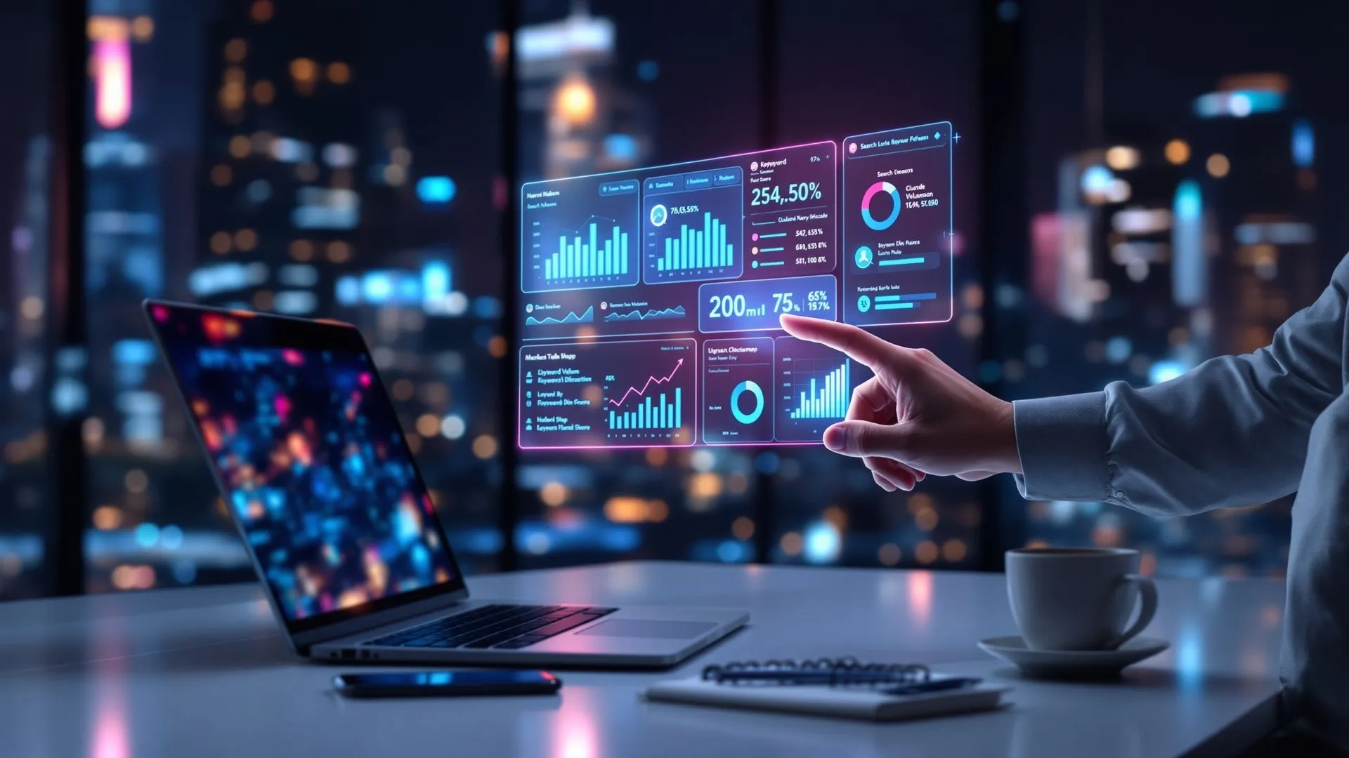 Business analytics dashboard displayed on a futuristic holographic screen with laptop and cityscape background