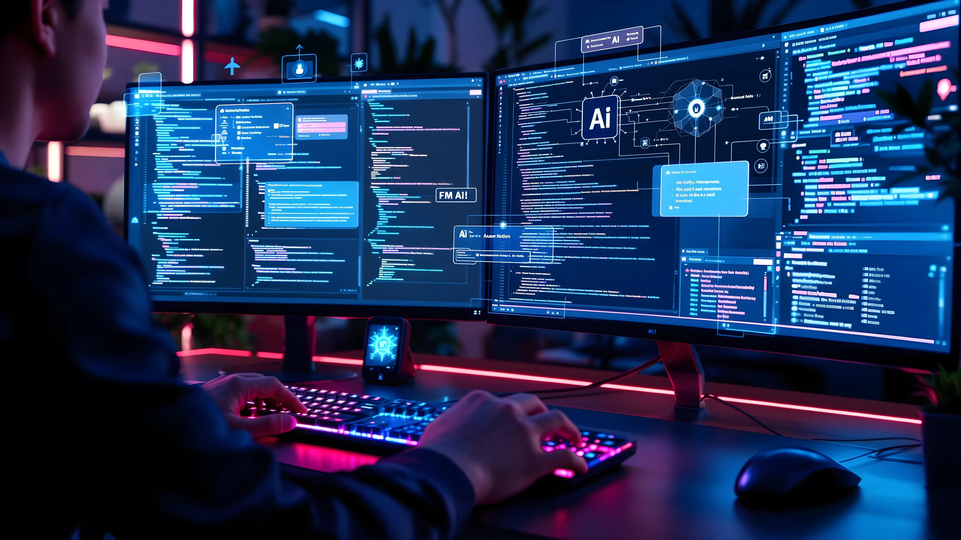 Person coding with dual monitors displaying data and artificial intelligence graphics.