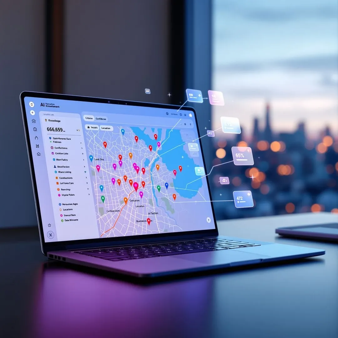 Interactive map displayed on a laptop screen with data points and statistics.