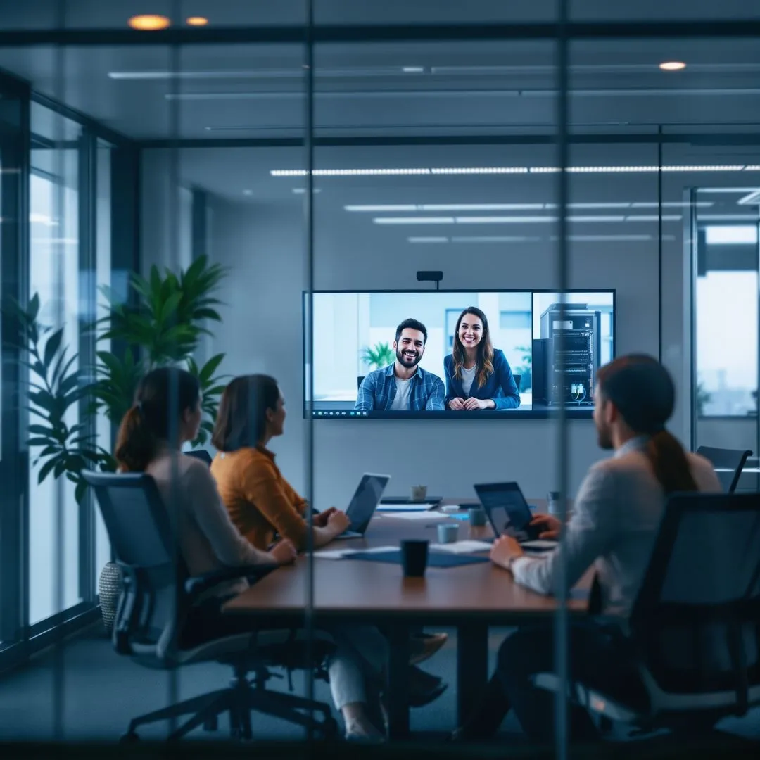 Virtual meeting in a modern conference room with participants on a screen.