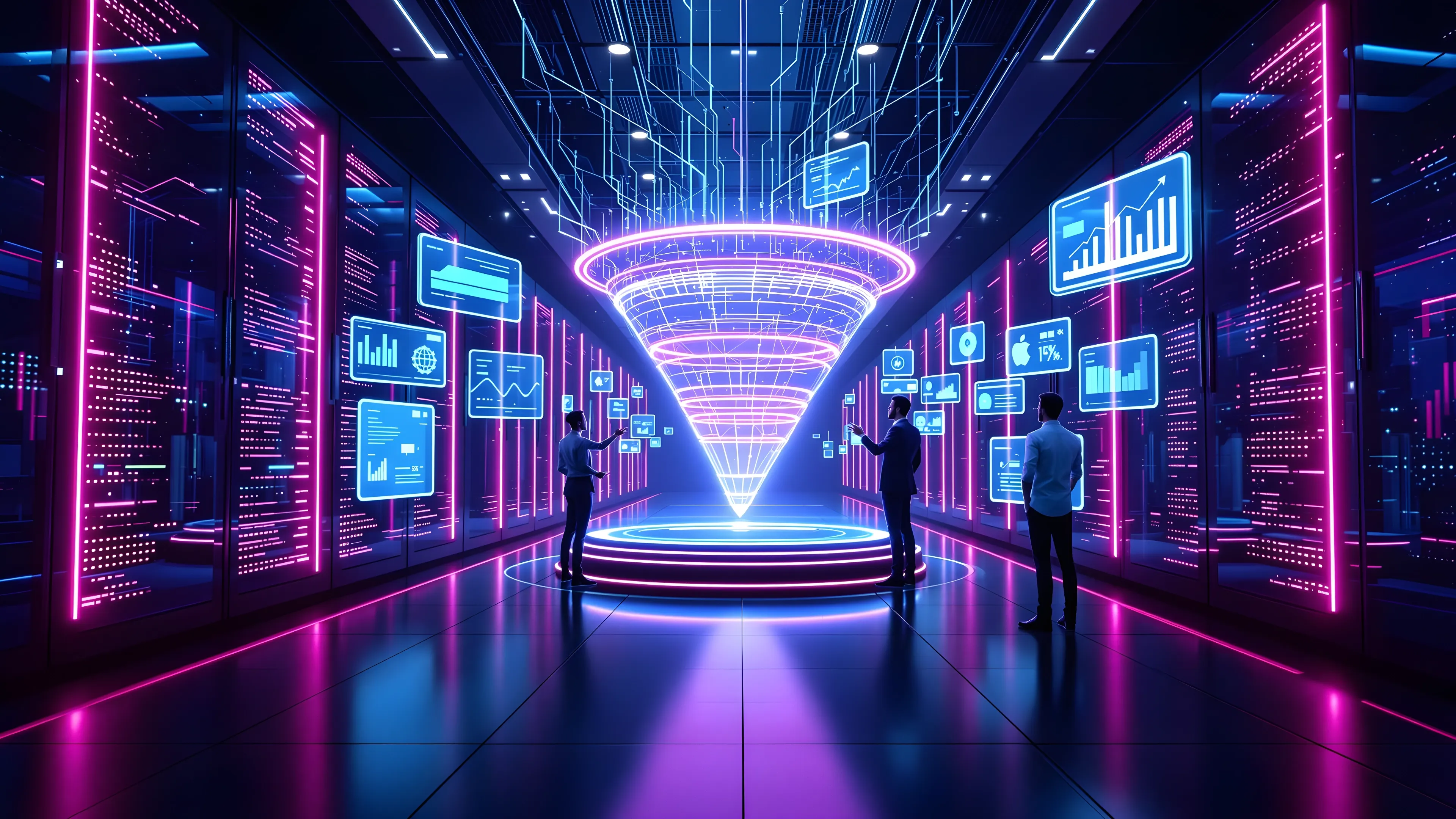 Futuristic data center with neon lights and holographic graphs.