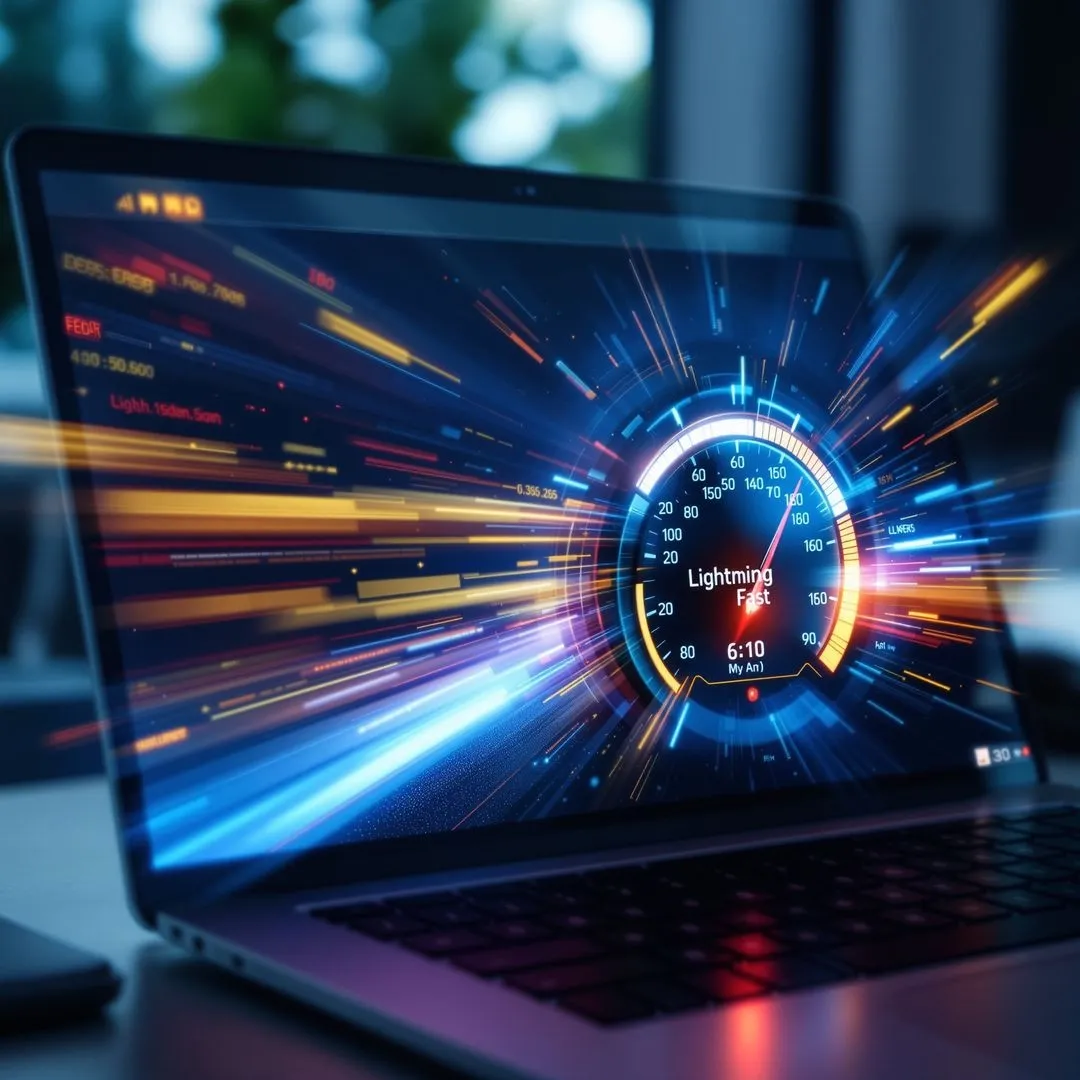 Speedometer graphic displaying performance metrics on a laptop screen.