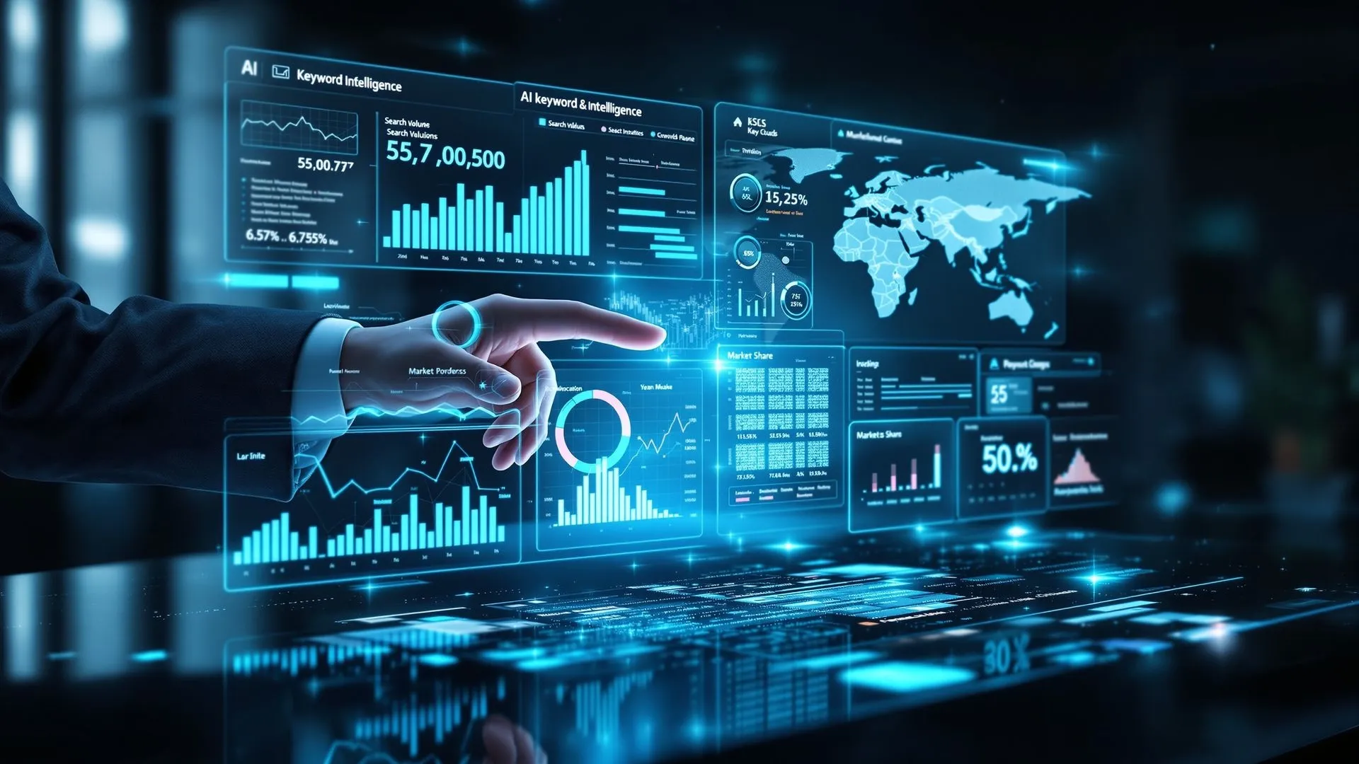 Data analytics display with graphs, charts, and world map on a futuristic interface.