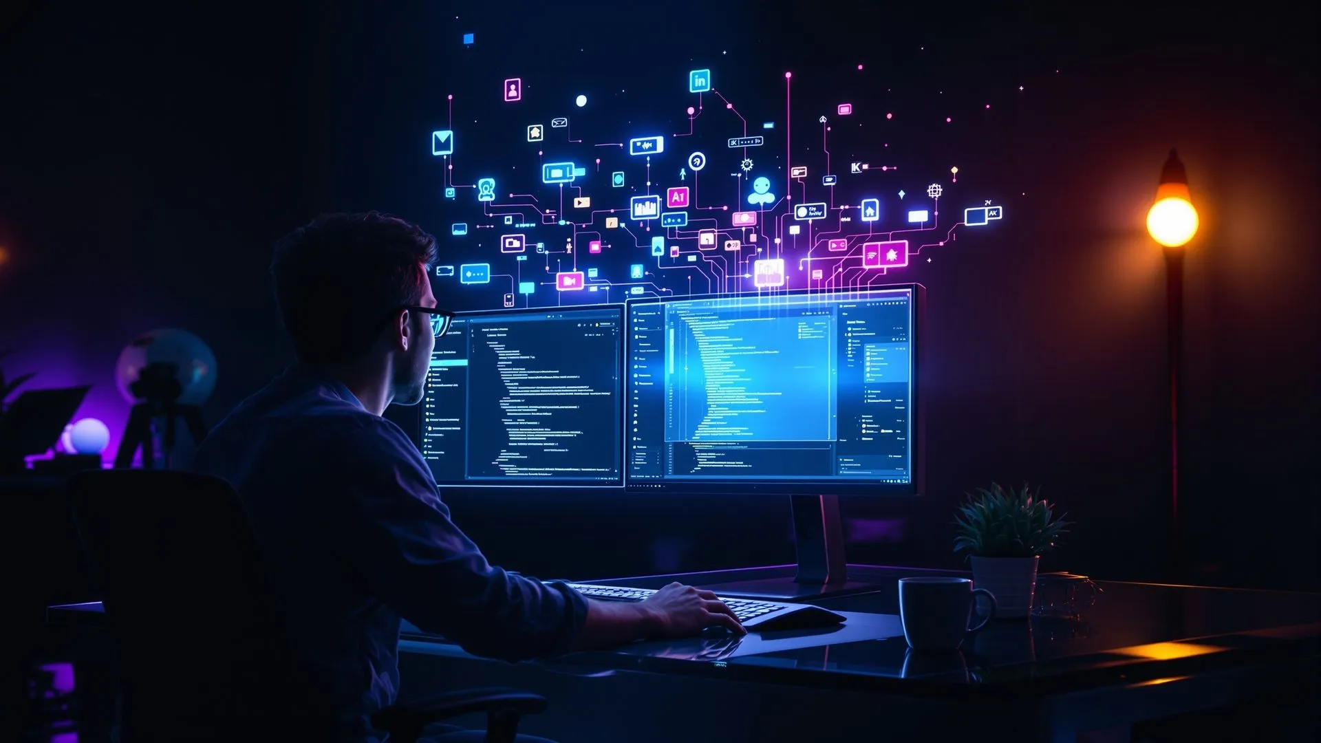 Modern office with a large table, people collaborating, and digital data displays.