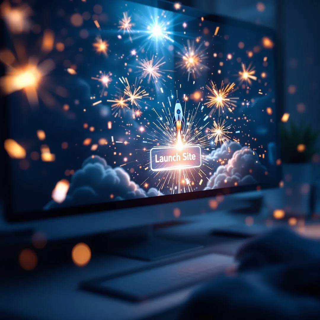 Rocket launch graphic with fireworks and a Launch Site button on a computer screen.