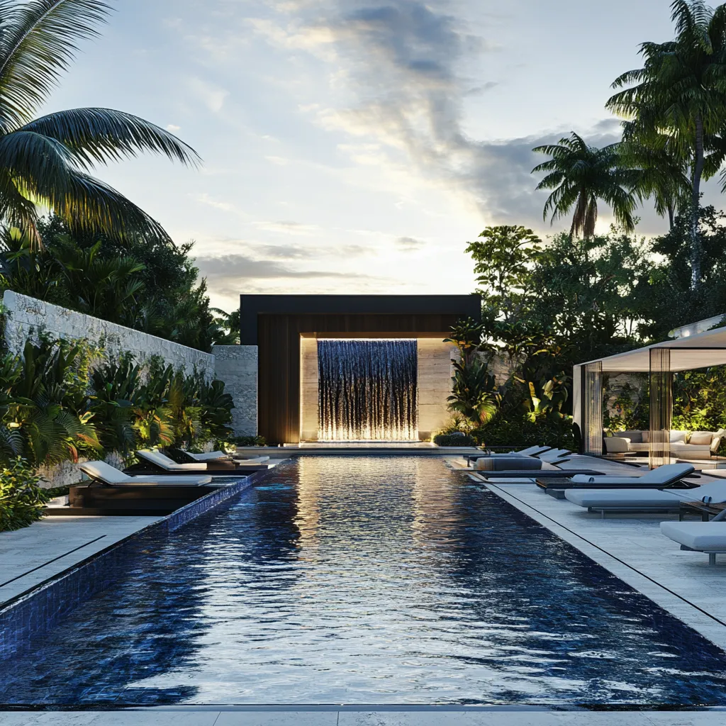 Luxurious outdoor swimming pool with illuminated waterfall, lounge chairs, and tropical plants