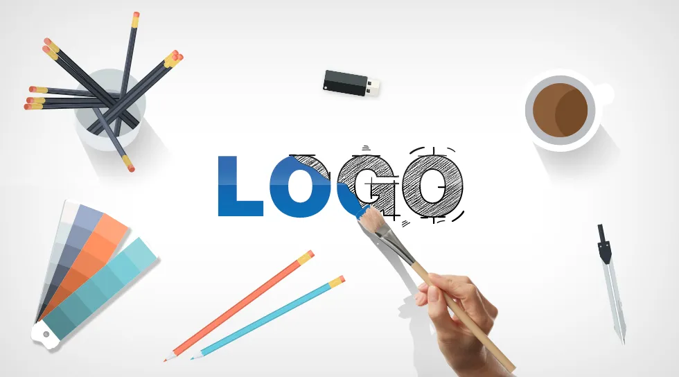 Colorful art supplies, a coffee cup, and a hand painting the word LOGO