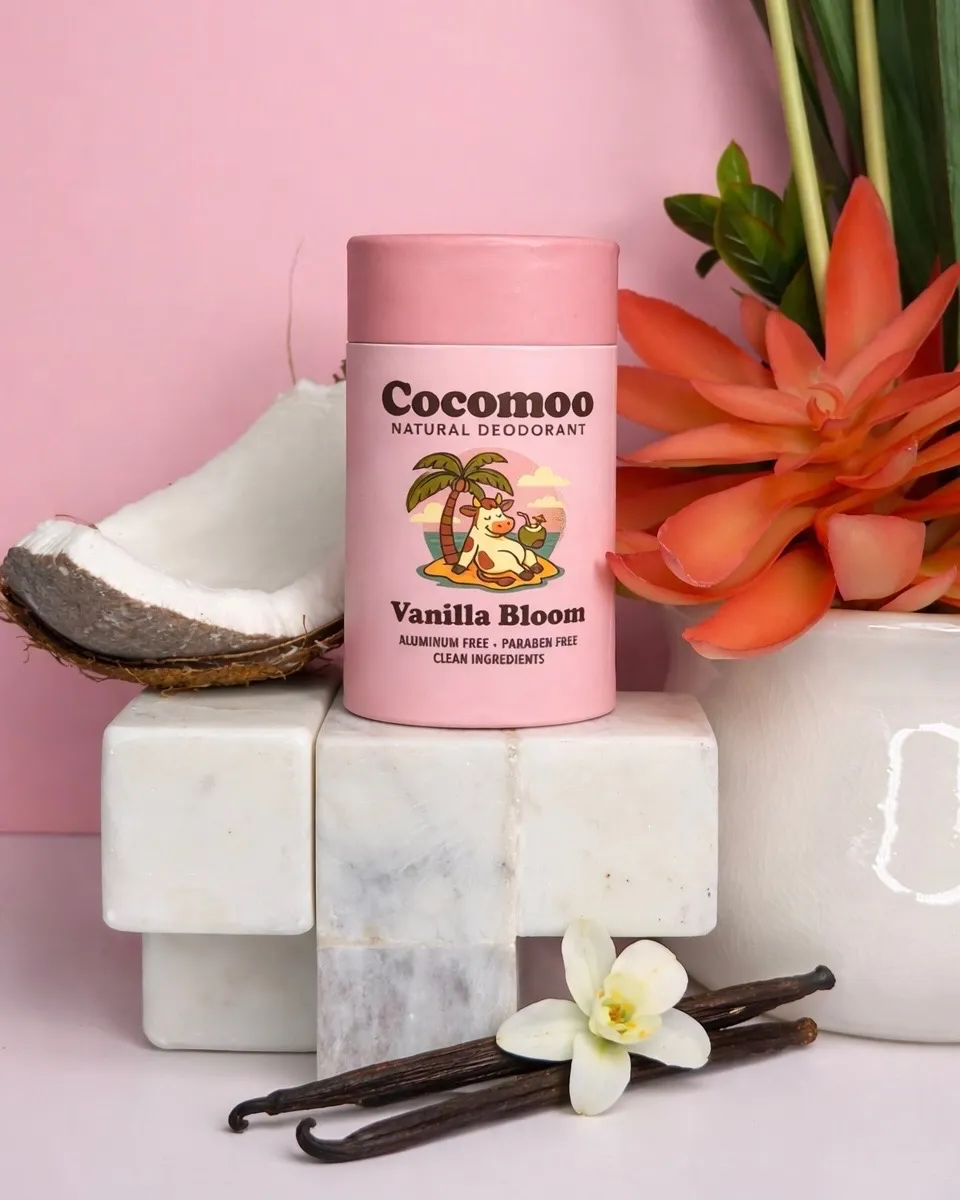 Cocomoo natural deodorant in Vanilla Bloom scent with coconut, vanilla beans, and a vibrant flower.