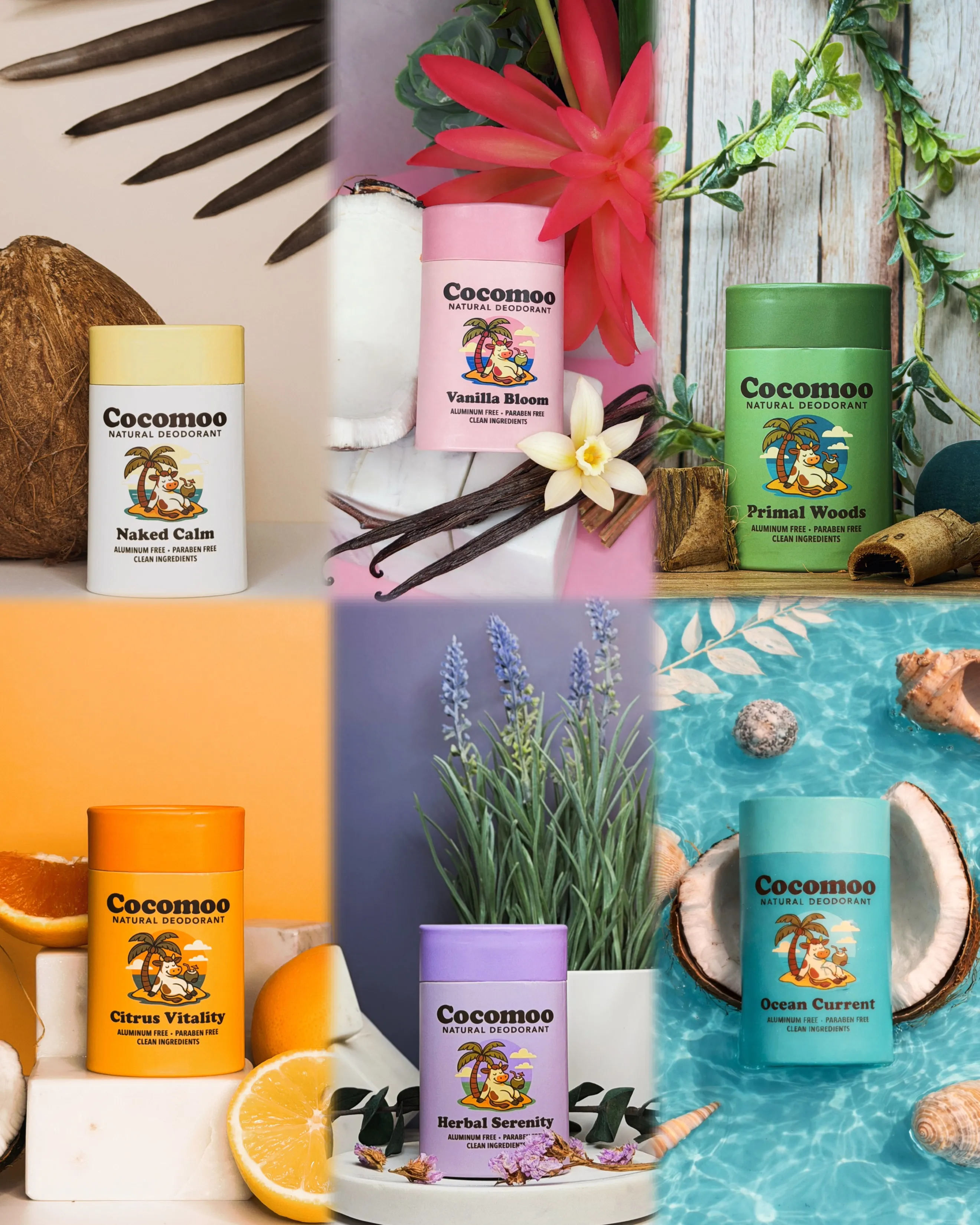 Collection of CocoMoo natural deodorant sticks arranged together, representing a recurring subscription shipment.