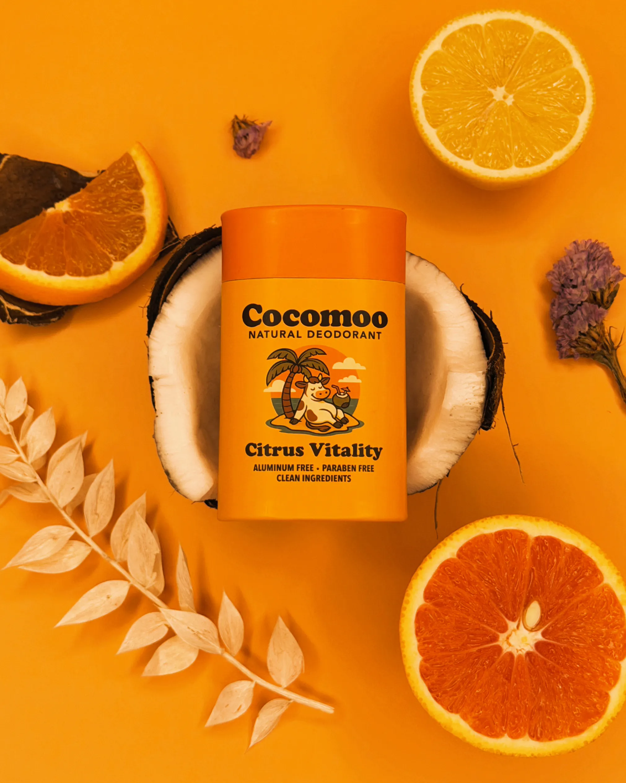 Coconut container of natural Citrus Vitality deodorant surrounded by orange and lemon slices.