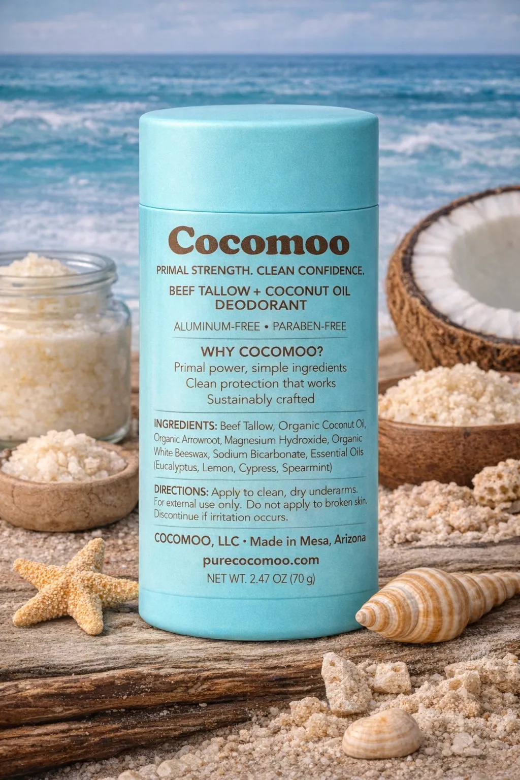 Cocomoo deodorant stick surrounded by sand, seashells, and a beach setting