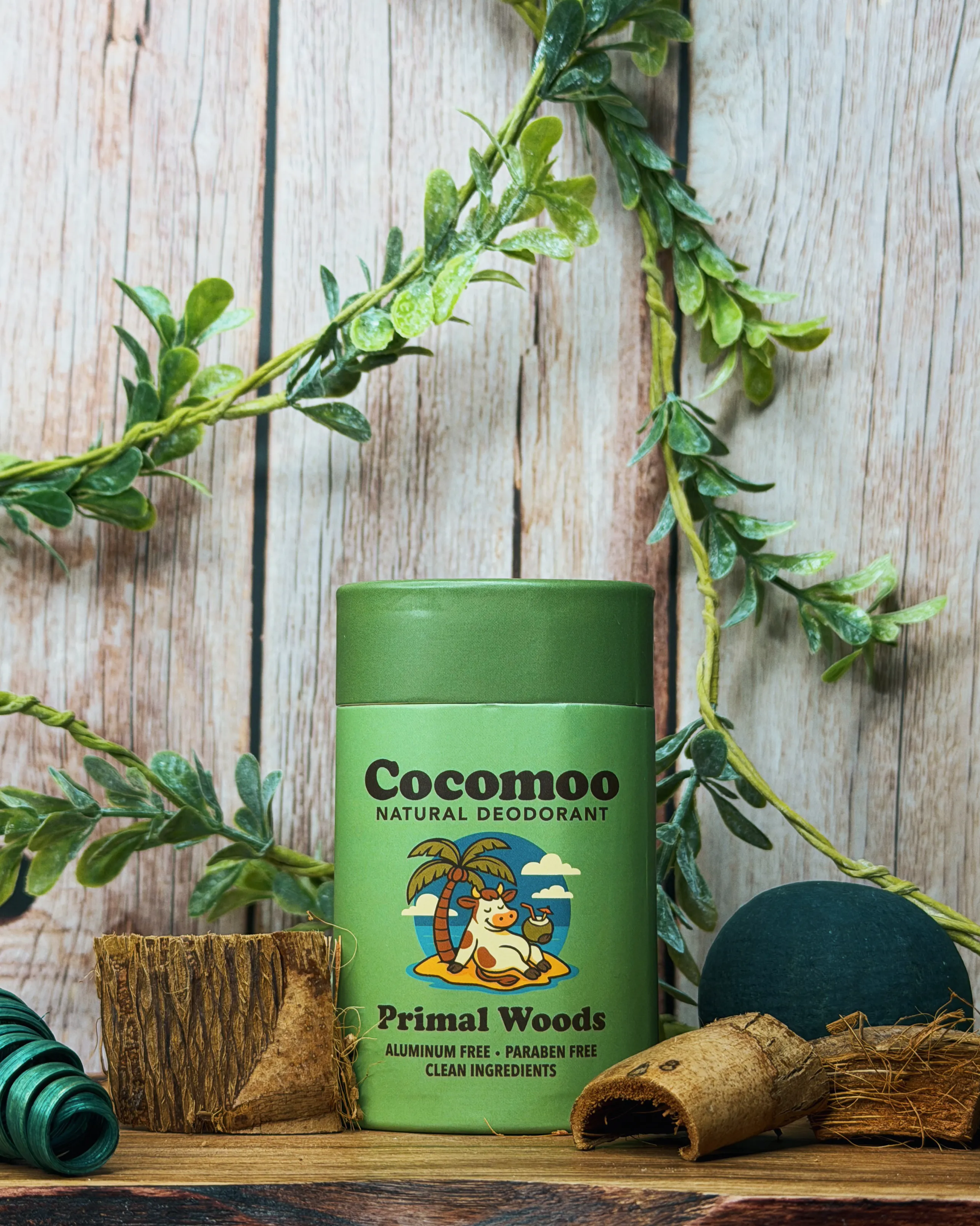 CocoMoo natural deodorant stick surrounded by wood scraps and green foliage