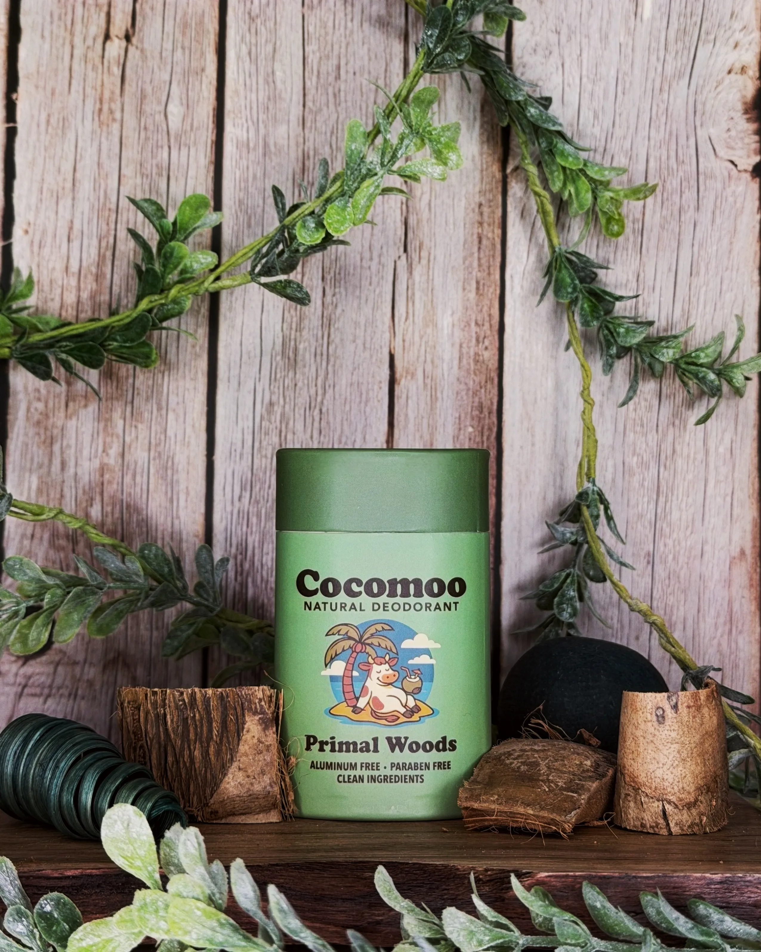 Primal Woods natural deodorant surrounded by greenery and wooden elements.
