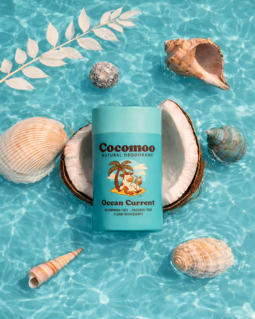 Coconut shell with Ocean Current natural deodorant and seashells in clear water.