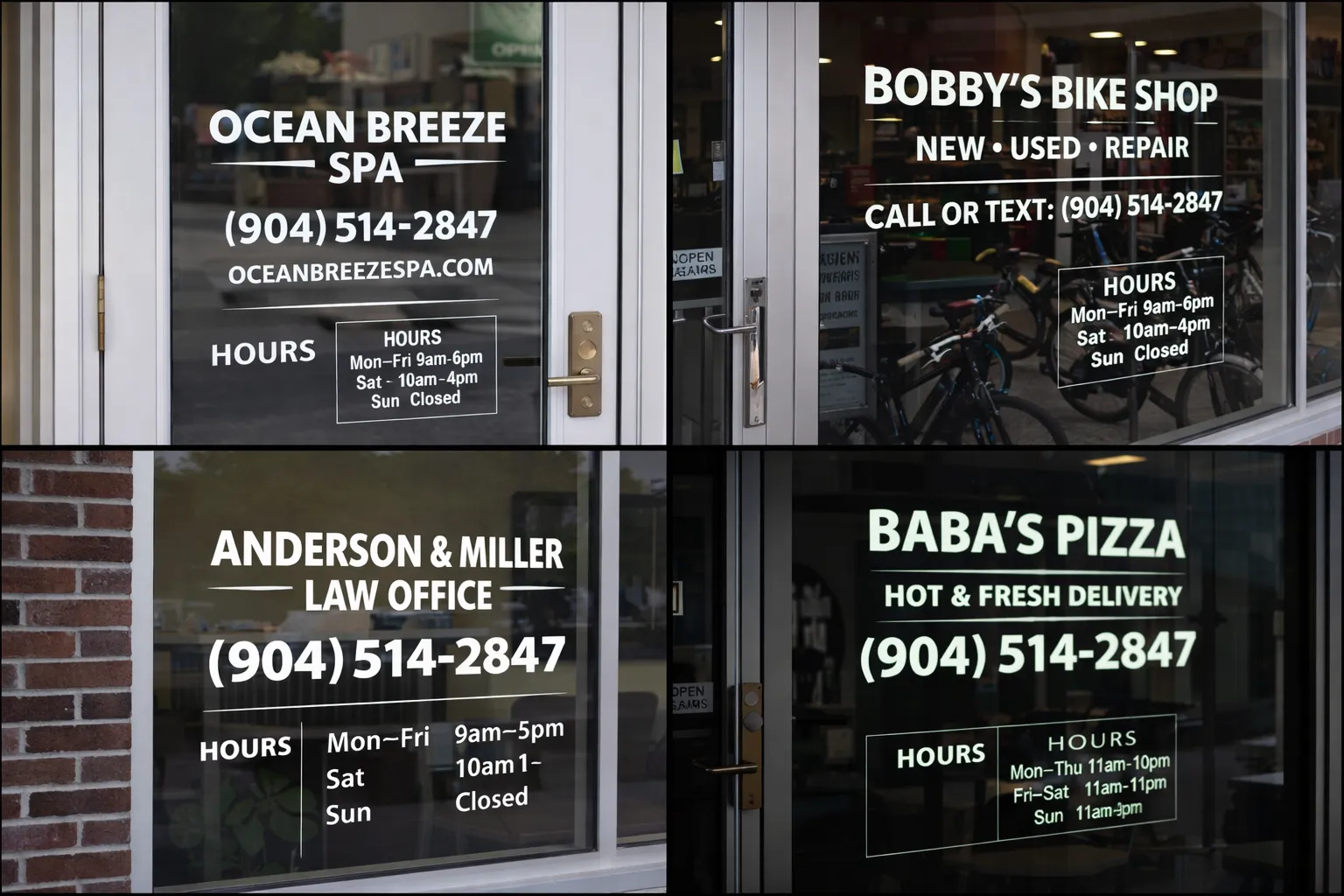 Storefront windows displaying business signs for various shops and their hours