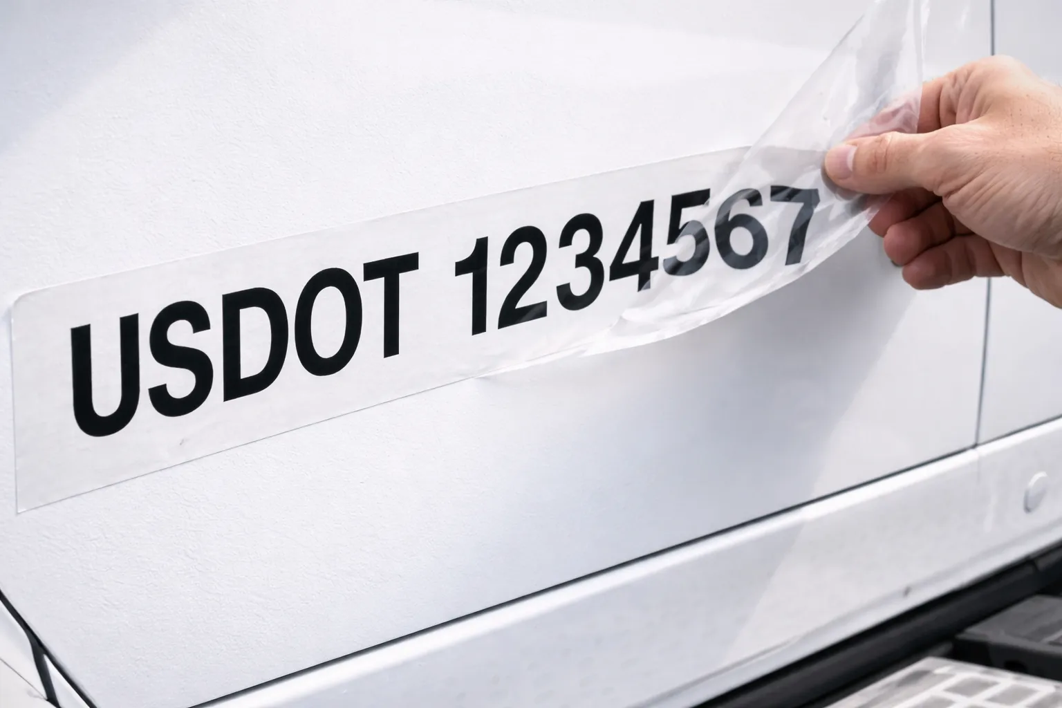Hand peeling off a decal displaying USDOT 1234567 from a vehicle