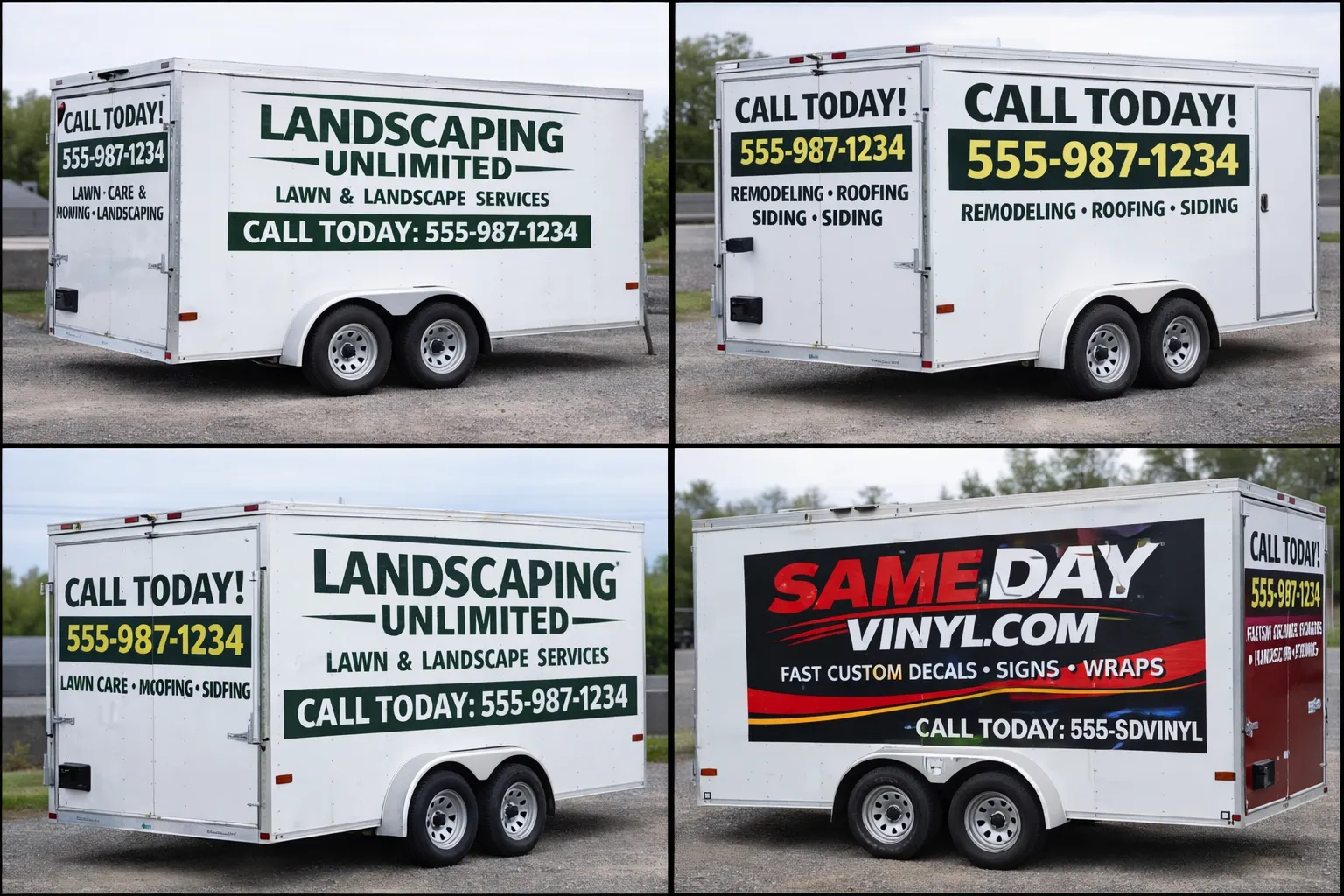 Four-sided trailer with large-format landscaping and vinyl sign graphics and phone numbers