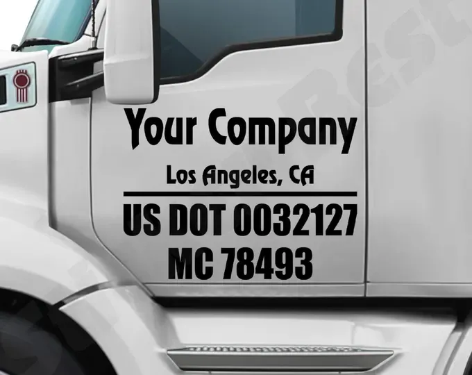 Truck door with company name, location, and DOT number displayed