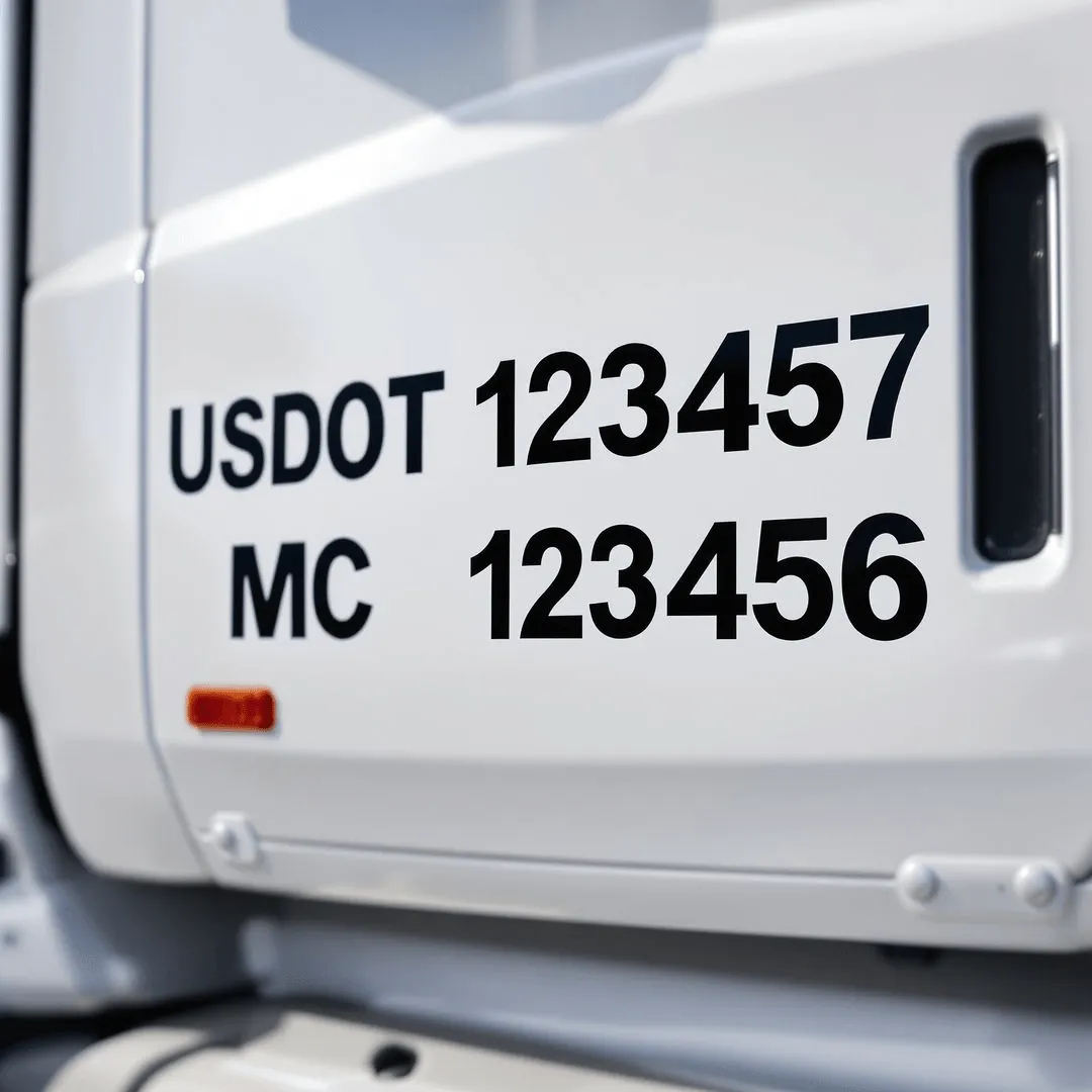 Close-up of a white truck with black US DOT and MC numbers, installed by Same Day Vinyl