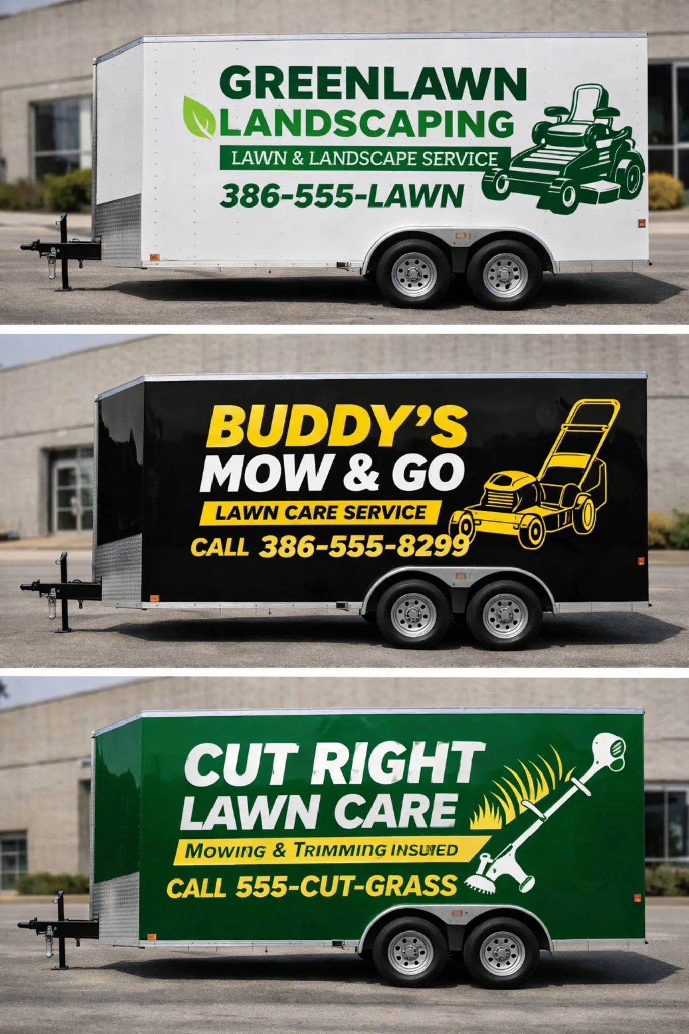 Three lawn care service trailers with colorful logos and contact information