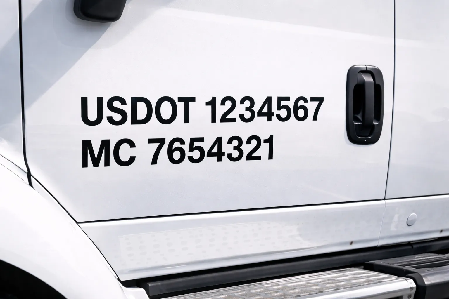 White truck door displaying USDOT and MC numbers.