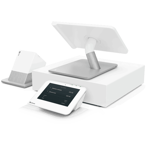 Clover POS station with dual display screens showing order summary and payment options