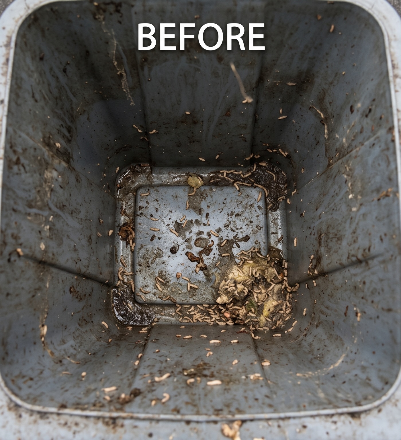 Dirty, grimy trash bin before cleaning — the problem Bullseye Bin Blasters solves
