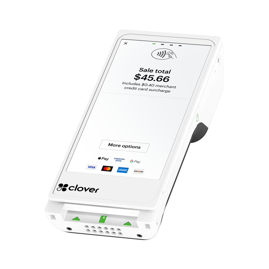 Clover Flex POS terminal showing sale total with dual pricing surcharge and payment method options