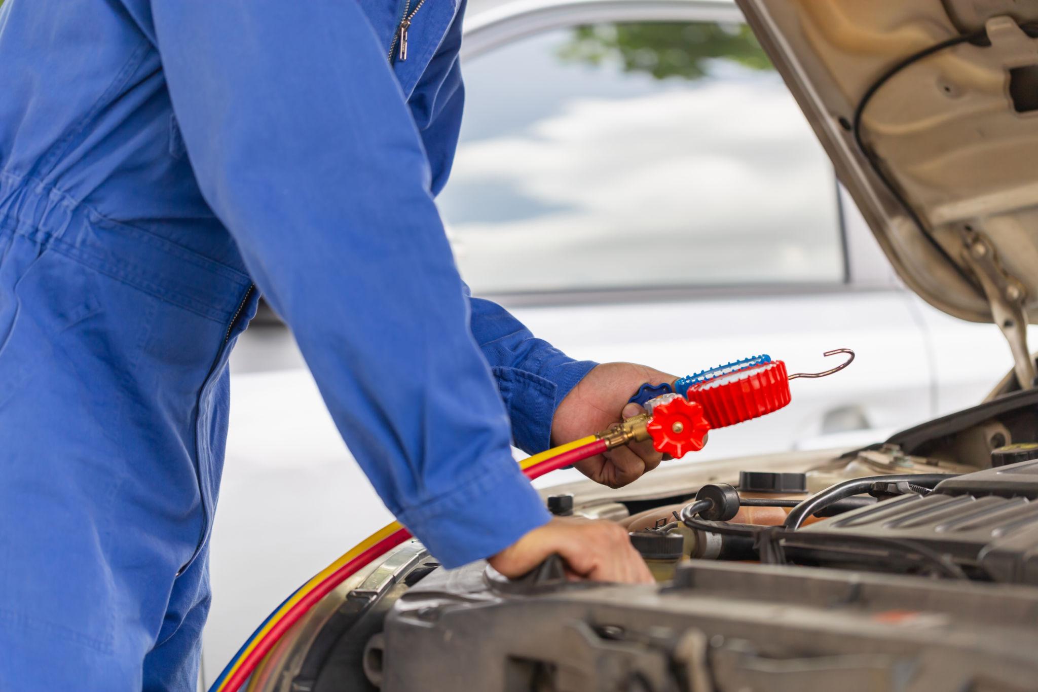 Auto technicians working on vehicles in shop